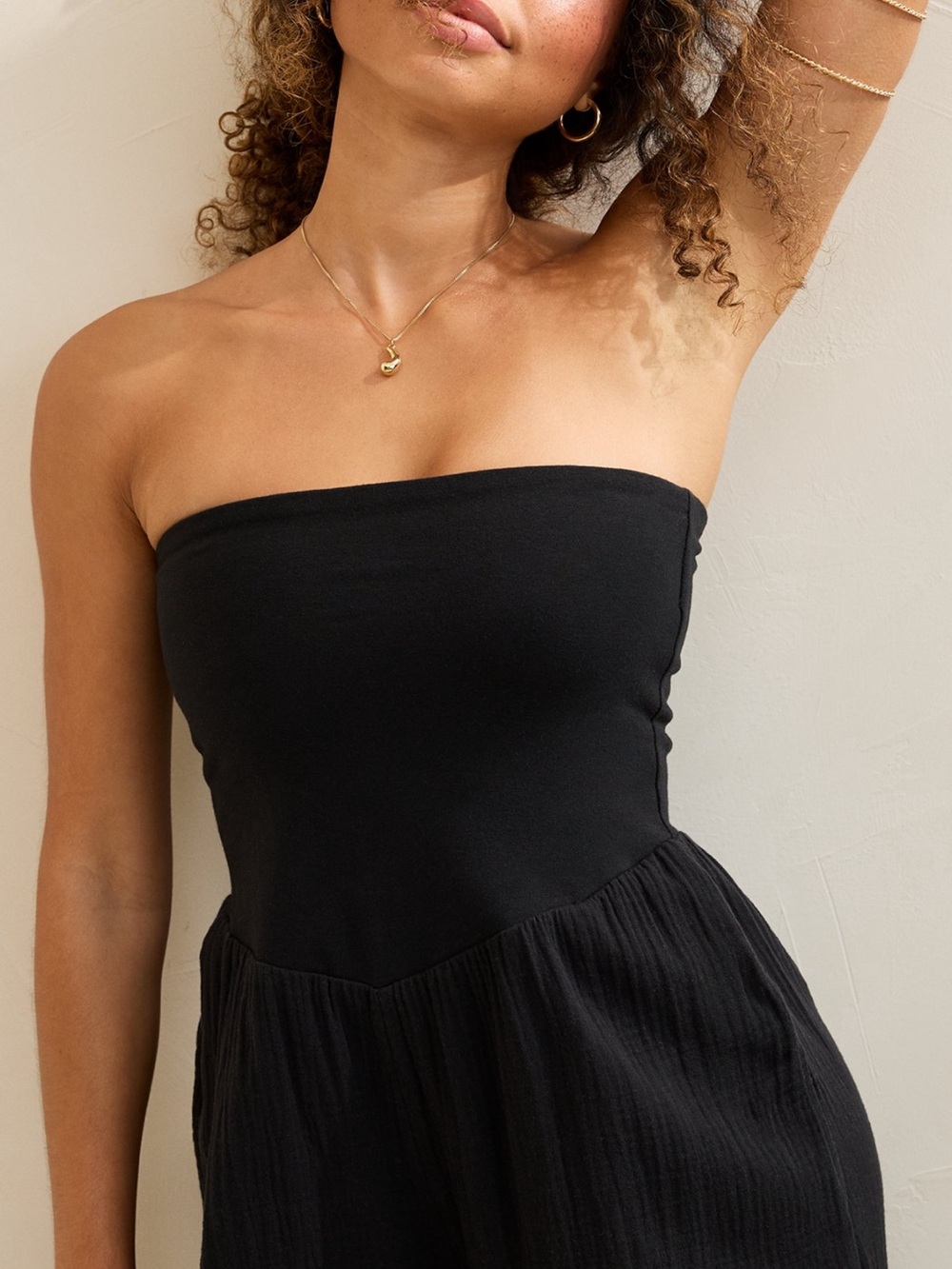 aerie Black Strapless Wide-Leg Jumpsuit with Textured Skirt